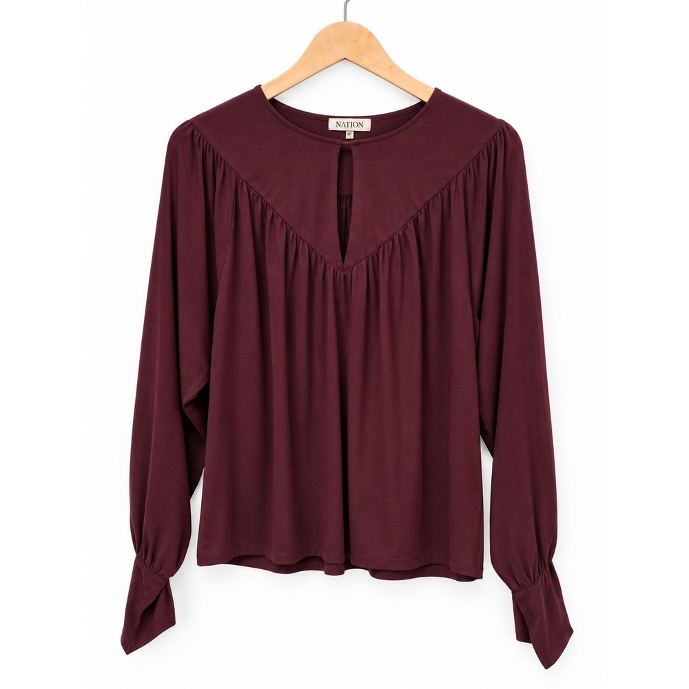 Nation LTD Blouse Pima Cotton Tencel Keyhole Boho Relaxed Burgundy Wine Large